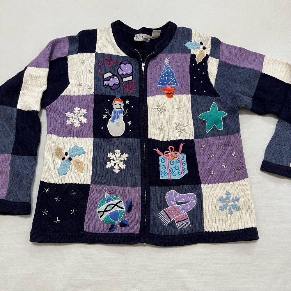 Vintage B. P. Design Christmas Sweater Purple Blue Patchwork